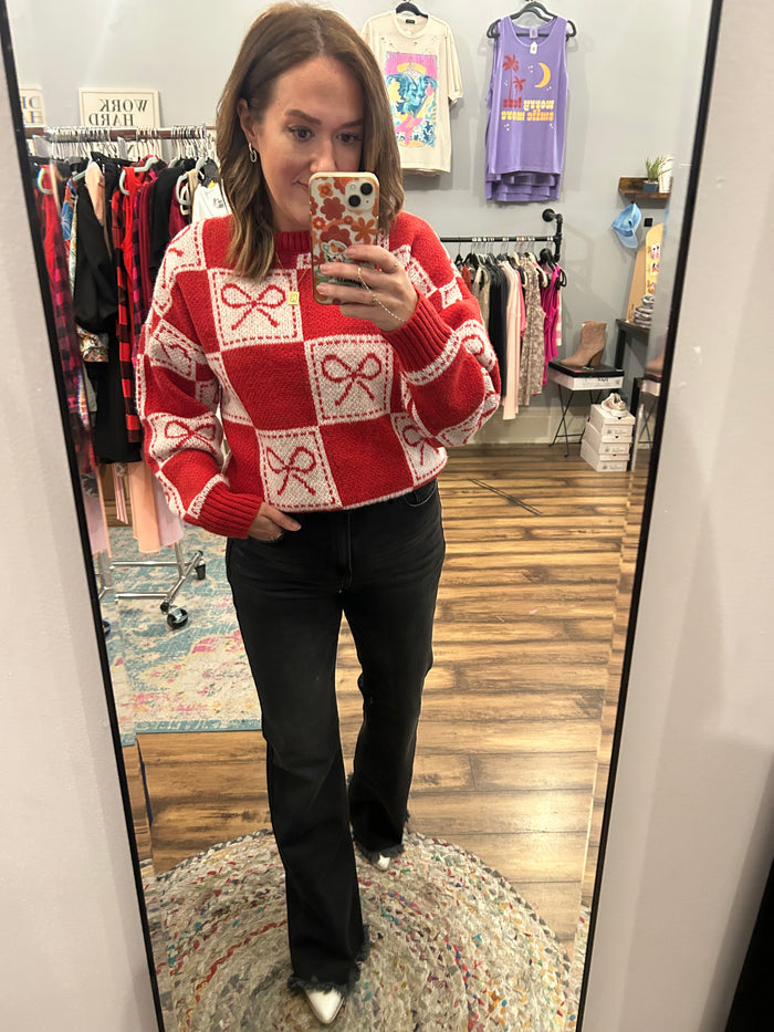 CHECKERED BOW JACQUARD CREWNECK KNIT SWEATER