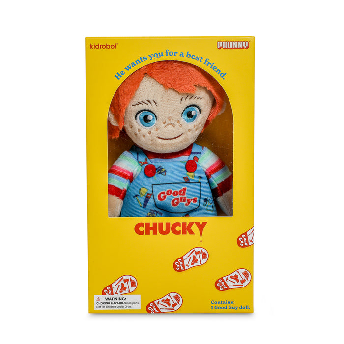 Child's Play 2 Good Guy Chucky plush toy standing in box, soft and detailed Phunny plush from Chucky collection.