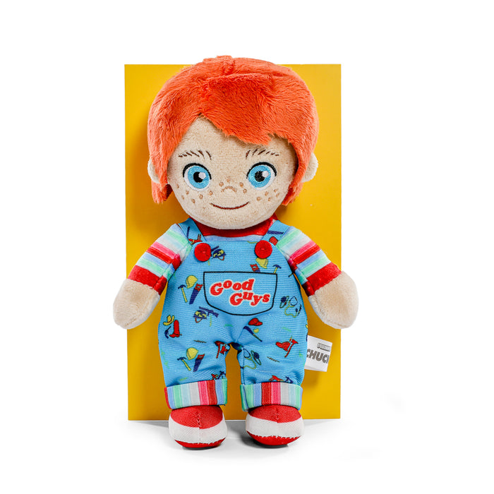 Child's Play 2 Good Guy Chucky plush toy standing in box, soft Phunny plush from Chucky featuring detailed costume and facial features.