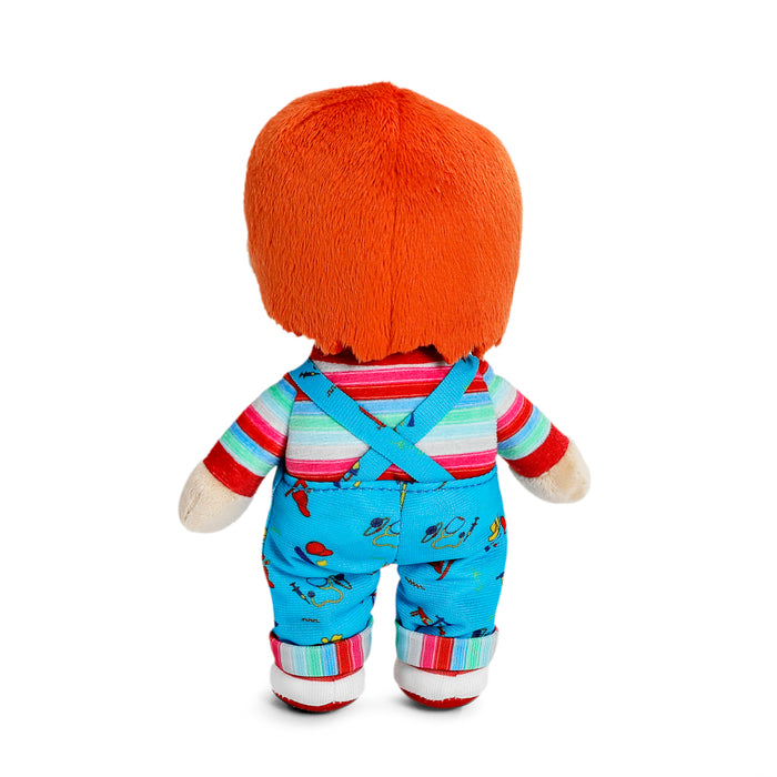 Child's Play 2 Good Guy Chucky plush toy standing in box, soft and detailed Phunny plush collectible from Chucky series