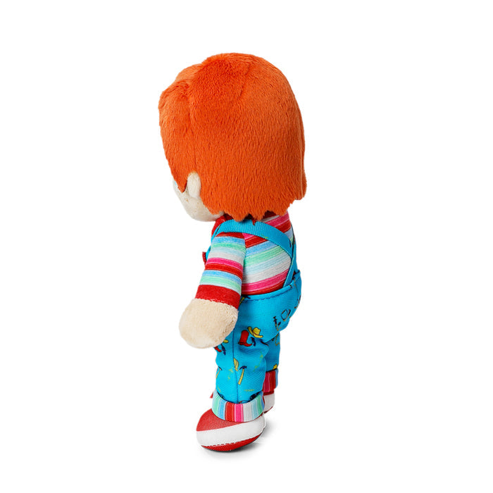 Child's Play 2 Good Guy Chucky plush toy standing in box, soft Phunny plush representation of the horror character.