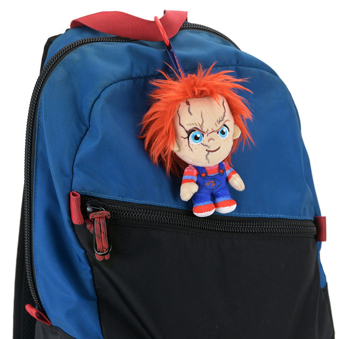 Evil Chucky plush charm from Child's Play 2, featuring detailed embroidered face and small plush body, by Chucky brand.