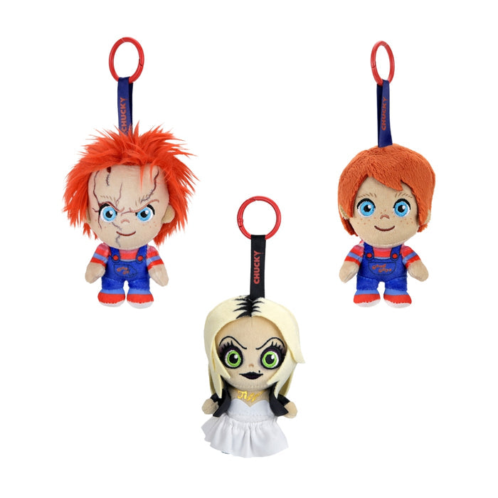 Chucky plush charm bundle featuring Evil Chucky, Good Guy Chucky, and Tiffany plush charms, all with detailed character designs.