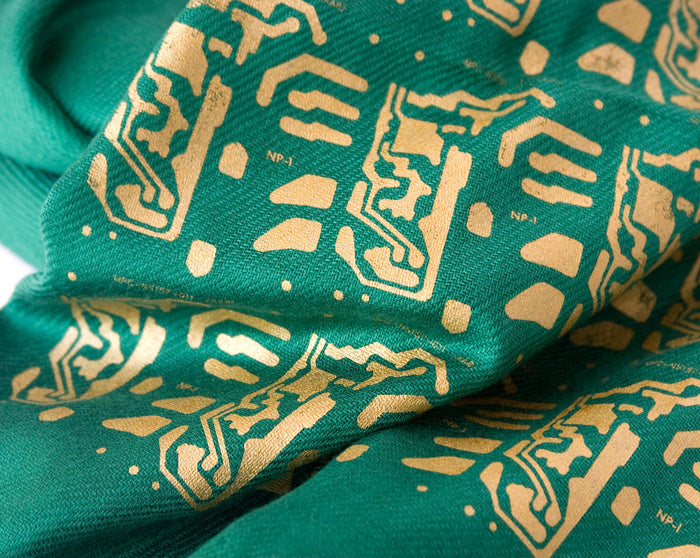 green and gold circuit board scarf