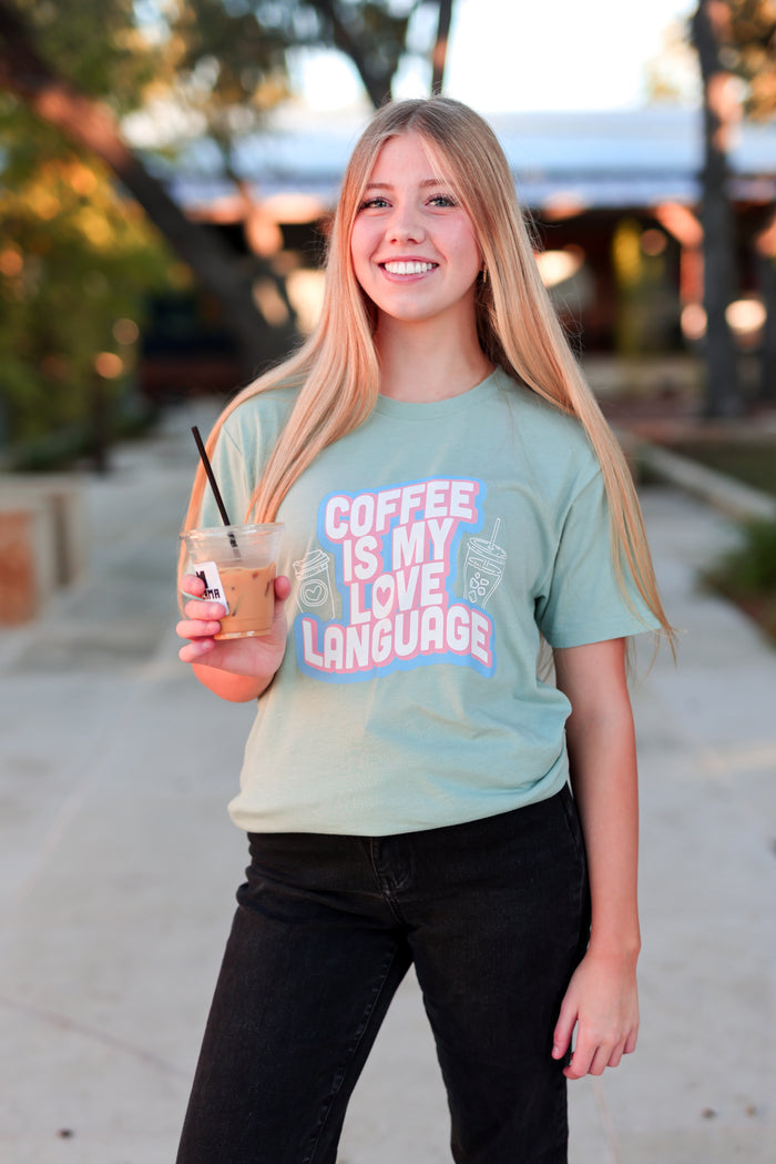 Coffee Love Language SS Tee-Heather Dusty Blue