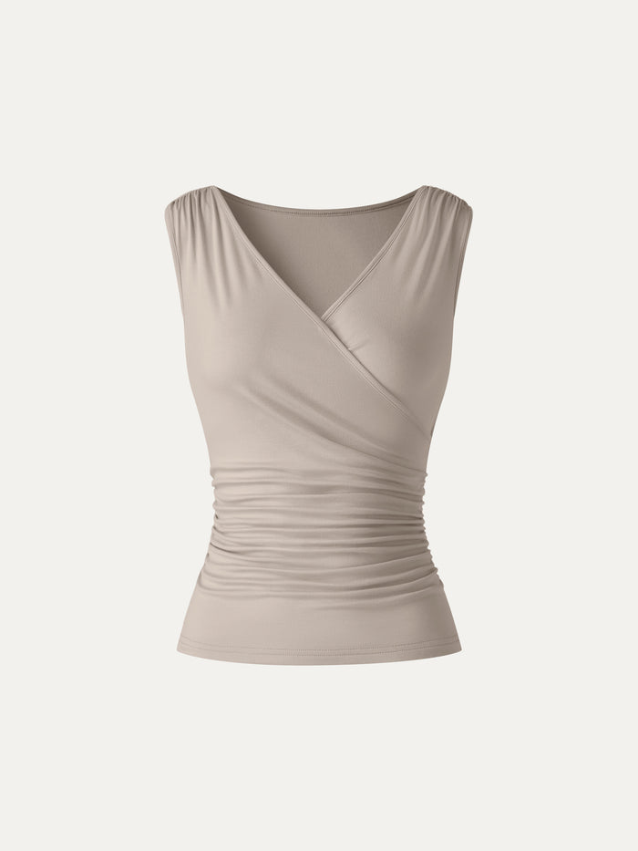 OGLmove CoolTouch Surplice Neck Gathered Waist Top Oatmeal XS