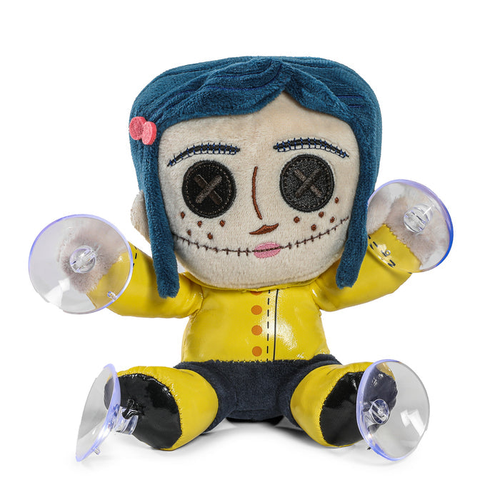 Coraline plush window clinger featuring button eyes from the Coraline brand, designed to decorate windows with a soft, plush character.