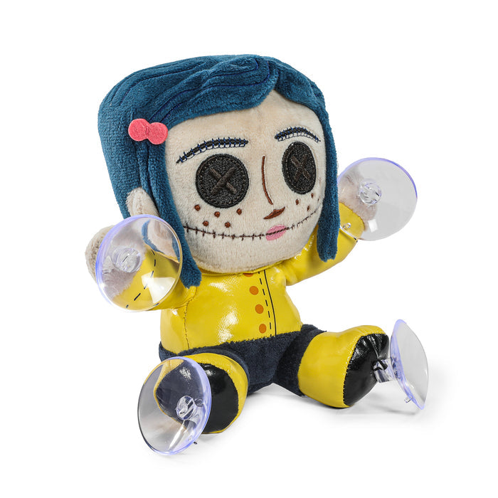 Coraline plush window clinger featuring button eyes, soft fabric, and vibrant colors, designed to cling to windows as a decorative collectible.