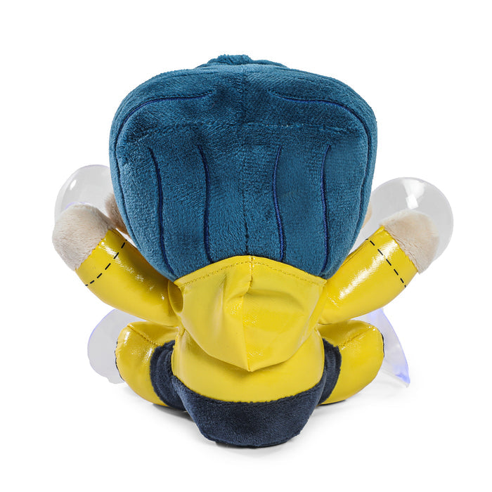 Coraline plush window clinger featuring button-eyed Coraline character, bright and soft with detailed fabric texture.