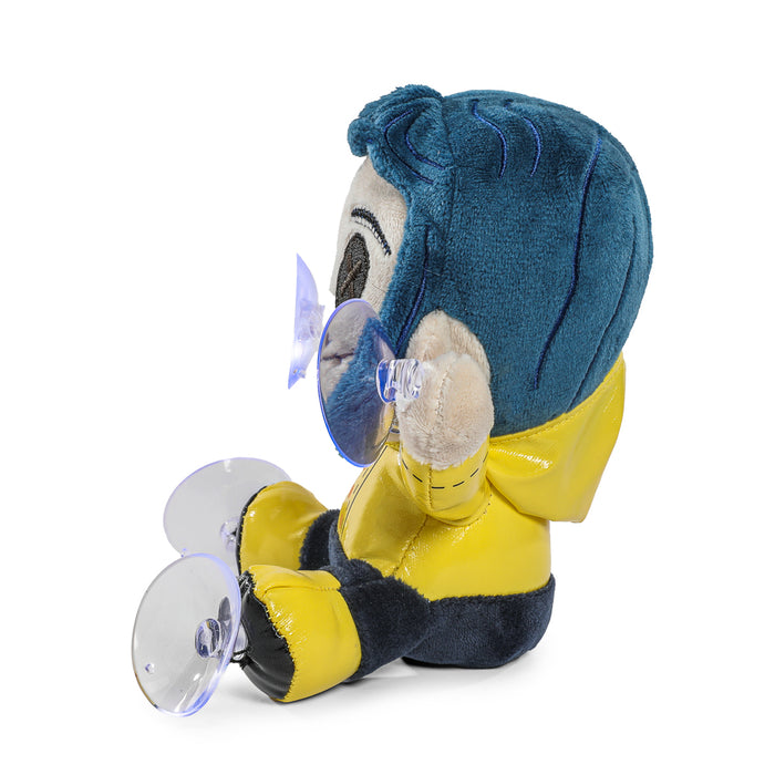 Coraline plush window clinger featuring button-eyed Coraline figure from the Coraline movie, suitable for decorating windows.