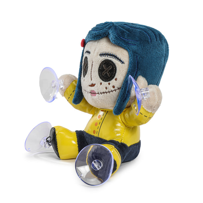 Coraline plush button-eyed window clinger featuring Coraline character from the movie, perfect for decorating windows.