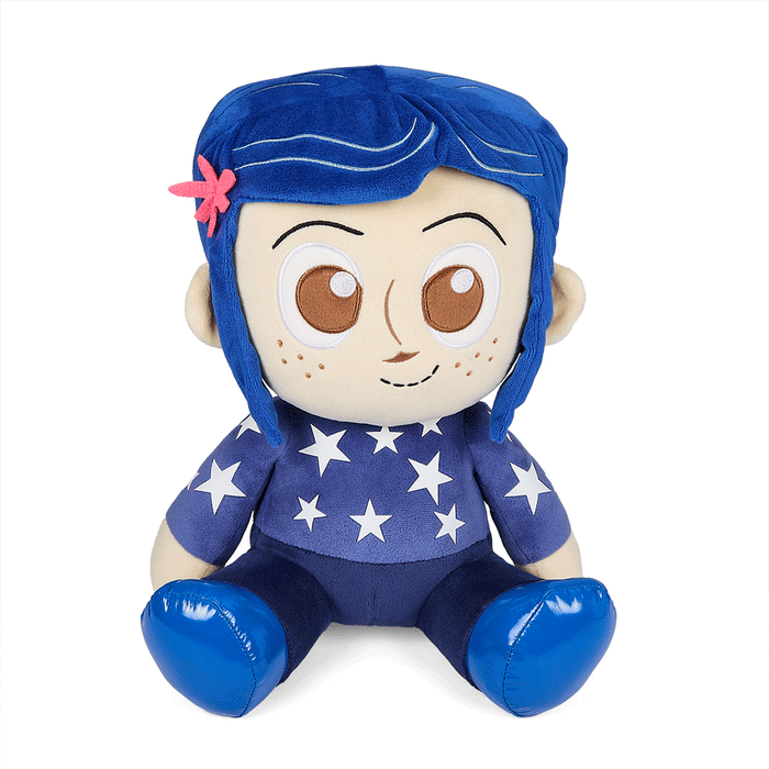 Coraline HugMe plush toy, 16-inch star sweater plush with shake action, featuring Coraline character in soft fabric.