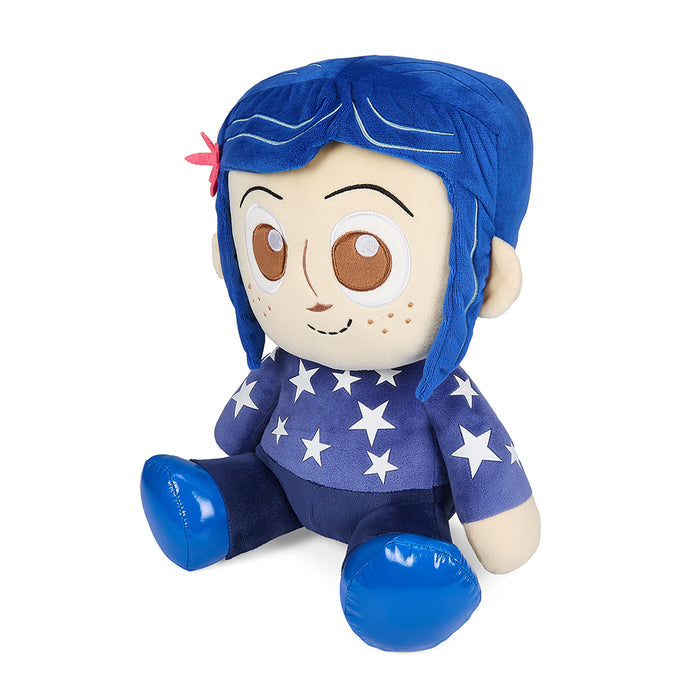 Coraline HugMe plush toy wearing a star sweater, 16-inch soft plush with shake action, featuring Coraline brand character.