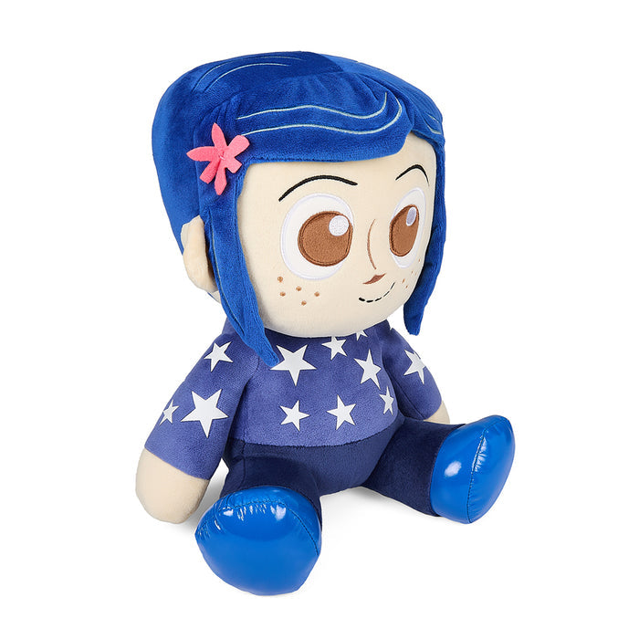 Coraline plush toy in a star sweater, 16 inches tall, with shake action, made by Coraline, soft and cuddly HugMe plush.
