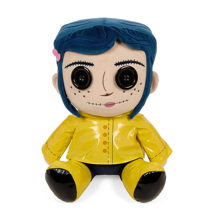 Kidrobot Coraline plush toy with button eyes, 13-inch medium soft plush featuring detailed fabric and vibrant colors.