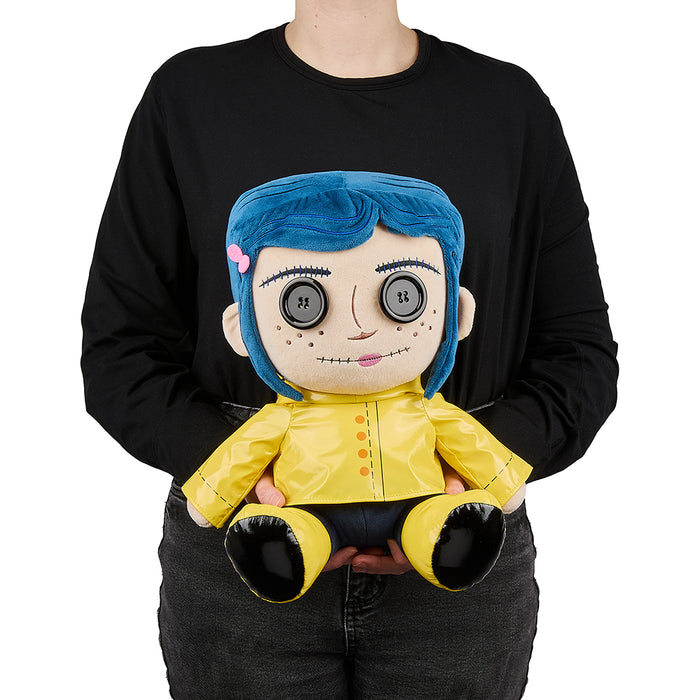 Kidrobot Coraline plush toy with button eyes, 13-inch medium soft plush from the Coraline with Button Eyes collection.