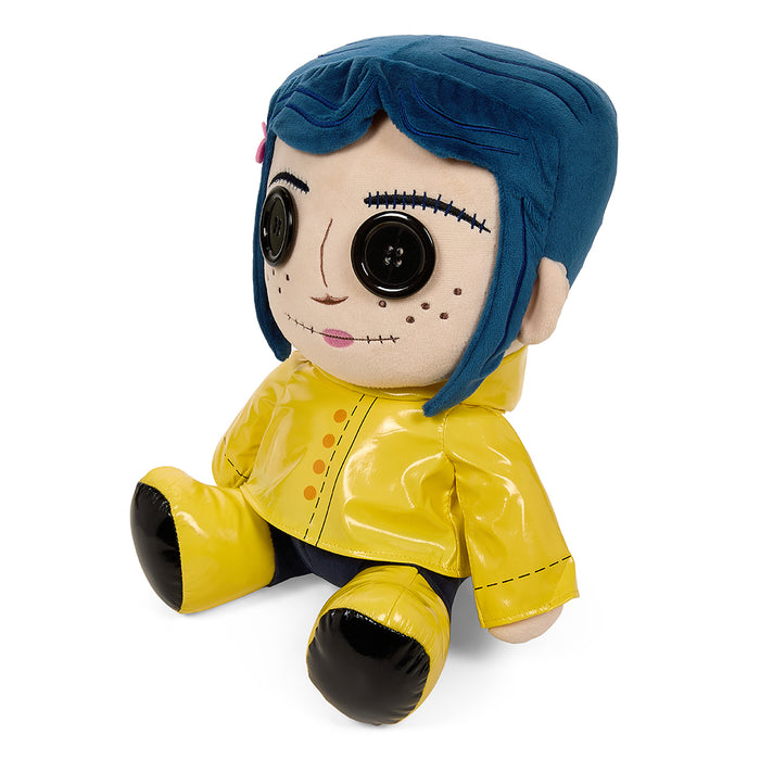 Kidrobot Coraline plush with button eyes, 13-inch medium soft toy featuring detailed fabric and expressive face.