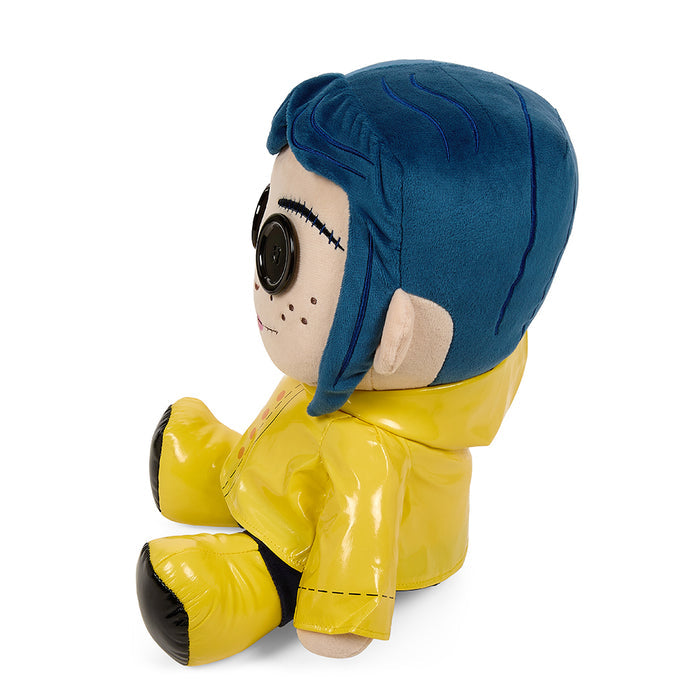 Kidrobot Coraline plush toy with button eyes, 13-inch medium plush featuring detailed fabric and expressive face.