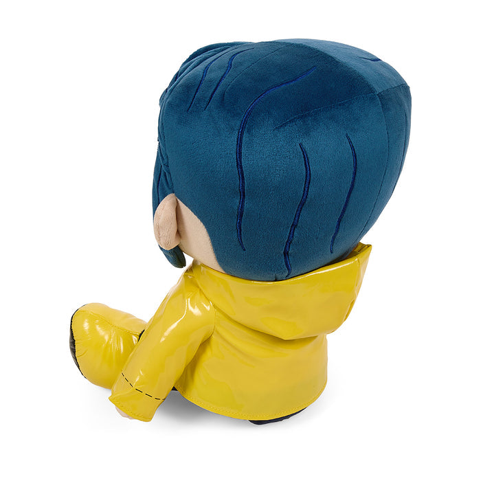 Coraline with button eyes 13-inch medium plush by Kidrobot, soft stuffed toy inspired by the Coraline character.