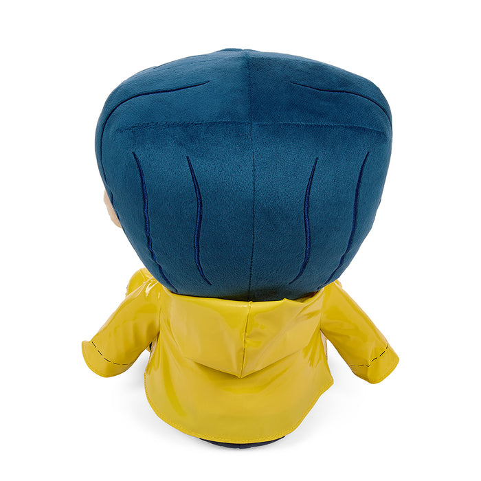 Kidrobot Coraline plush toy with button eyes, 13-inch medium plush featuring detailed fabric and expressive features.