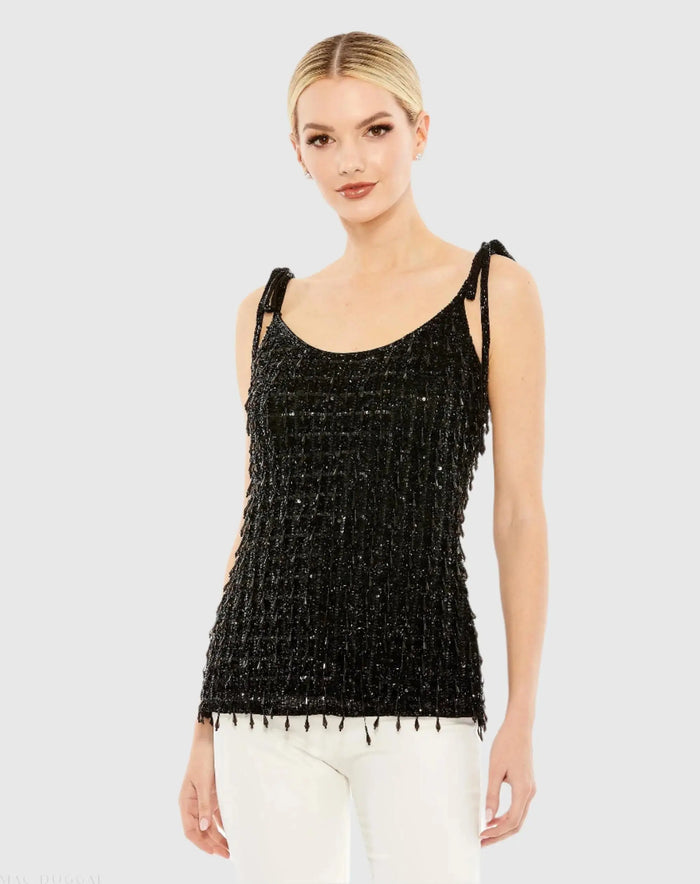 Black Crystal Embellished Soft Tie Cami Top - FINAL SALE - Mac Duggal