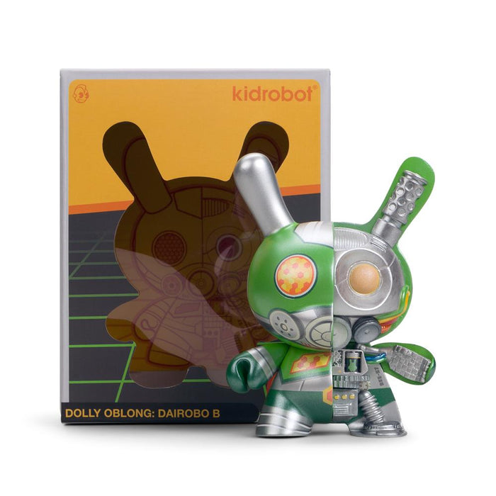 Dairobo-B Mecha Half Ray 5-inch Dunny vinyl figure by Dolly Oblong in green, featuring a detailed robotic design and unique style.