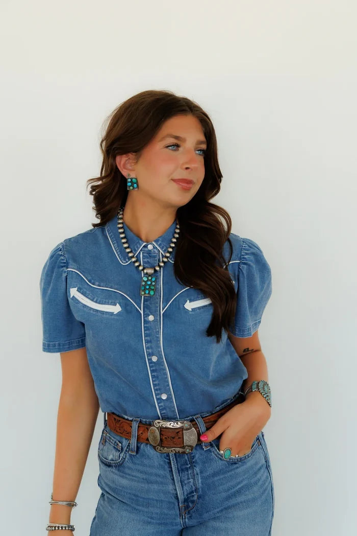 Denim Short Sleeve Pearl Snap