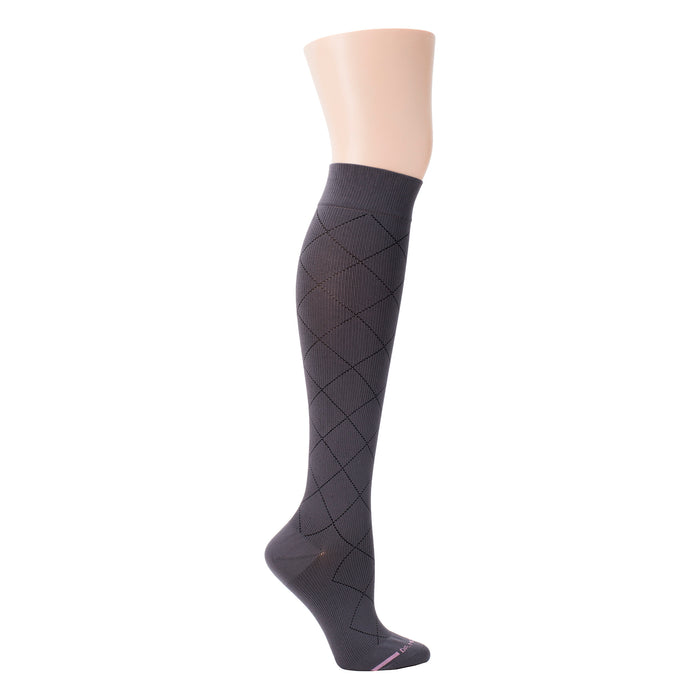 Knee-high compression socks in dark gray with a diamond pattern and a solid band at the top.