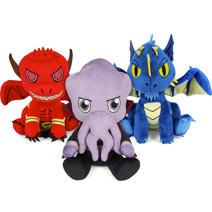 Dungeons & Dragons Phunny plush bundle featuring a blue dragon, pit fiend, and mind flayer, soft collectible plush toys.