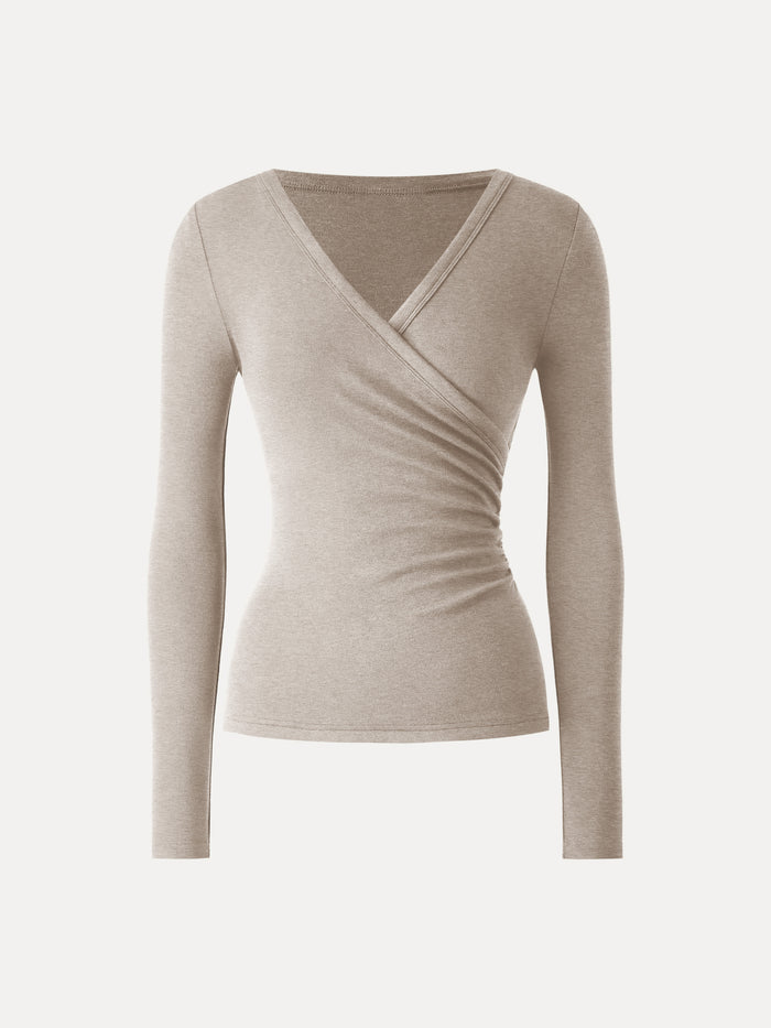 OGLmove Eco-MiYaMoon® Surplice Ruched Long Sleeve Top Heather Calico XXS