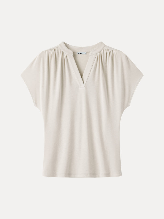 OGLmove Eco-Mousse® Collared V-Neck Short Sleeve Top Ivory Beige XXS