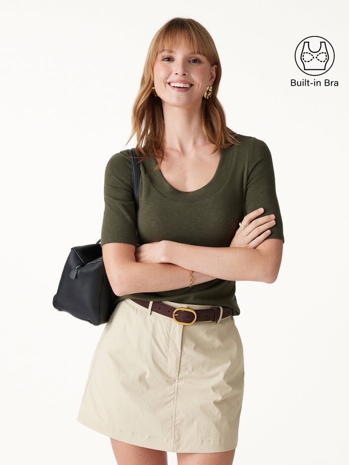 OGLmove Eco-Mousse® Slub U-Neck Elbow Sleeve Bra Top Dark Olive Green XXS