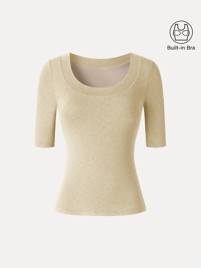 OGLmove Eco-Mousse® Slub U-Neck Elbow Sleeve Bra Top Butter Cup Yellow XXS