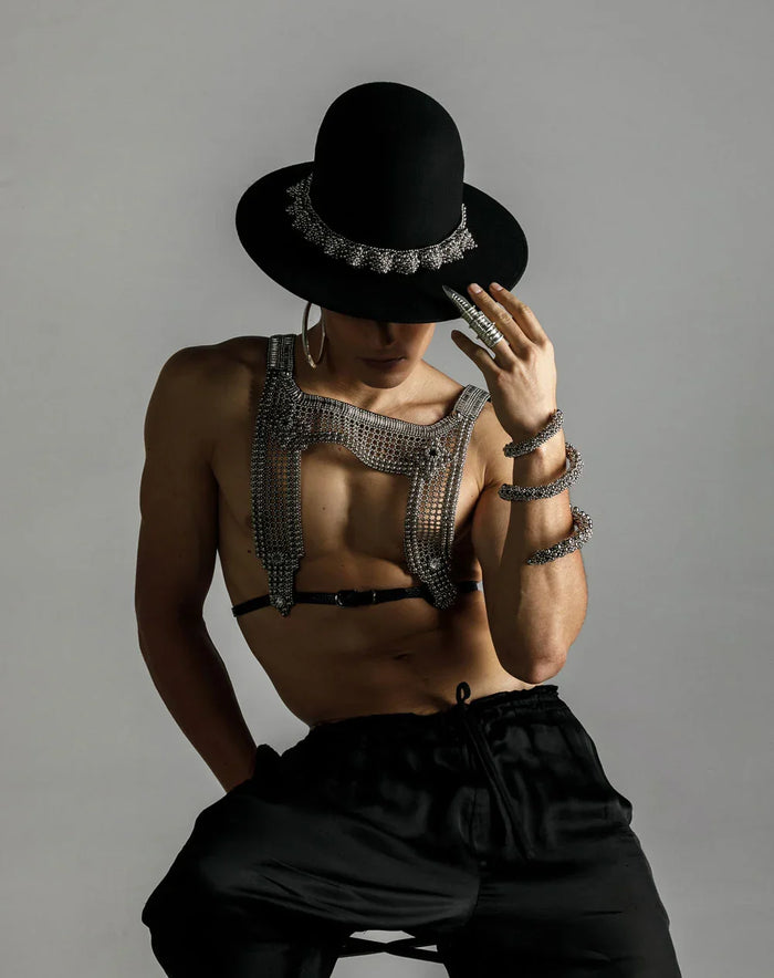 handcrafted eingana hatband with artemisia mesh top and zetian beaded cuff in silver by object & dawn with black hat