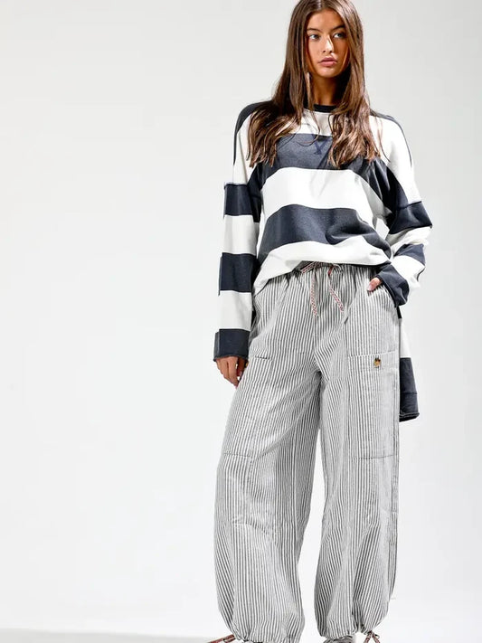 Elastic Waist Vintage Washed Stiped Pants - Gray