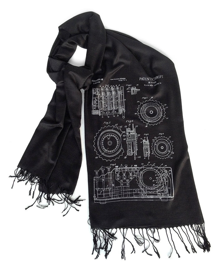Black Enigma Machine Patent Drawing Scarf