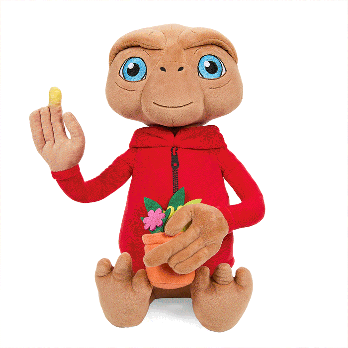 E.T. the Extra-Terrestrial 13-inch plush toy with hood and light-up finger, featuring soft plush material and interactive design.