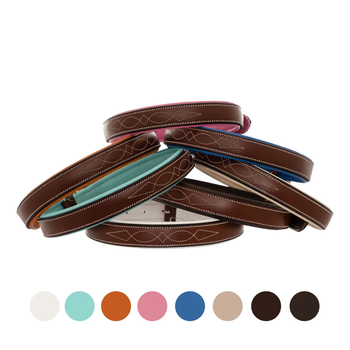 ExionPro Fancy Stitched Padded Leather Dog Collar - Conker Padding