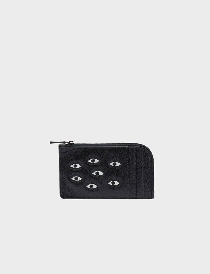 Fausto Black Leather Zip-around Cardholder - All Over Eyes Embroidery