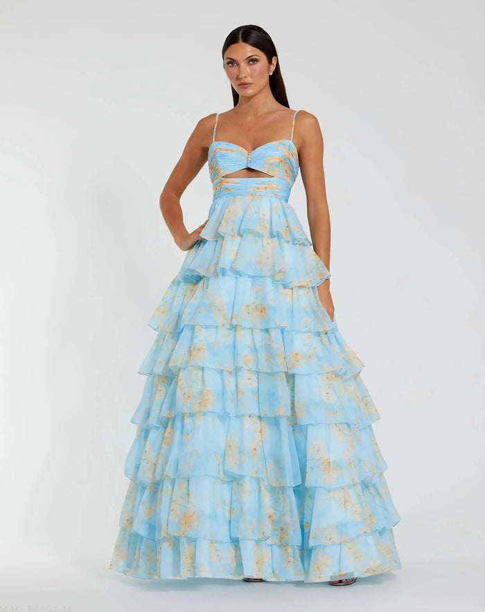 Blue Floral Cut Out Ruffle Tiered Gown - Mac Duggal