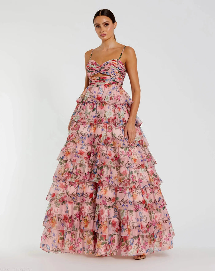 Pink Floral Cut Out Ruffle Tiered Gown - Mac Duggal