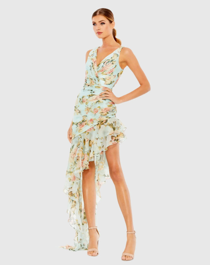 Blue Floral Print Asymmetrical Ruffle Hem Dress - Ieena for Mac Duggal