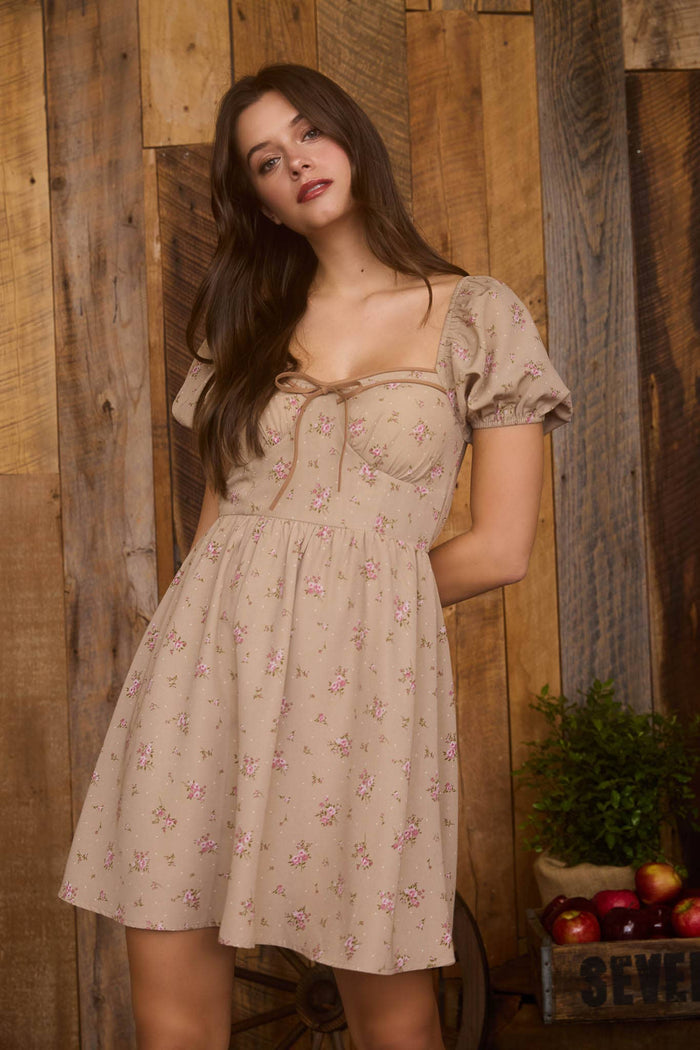 FLORAL SWEETHEART FRONT TIE MINI DRESS