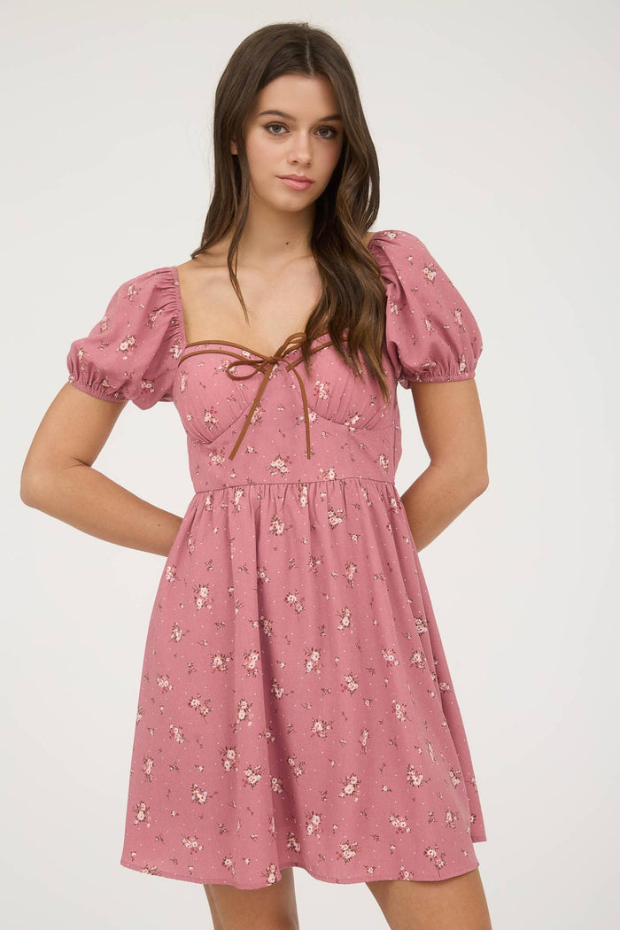 FLORAL SWEETHEART FRONT TIE MINI DRESS