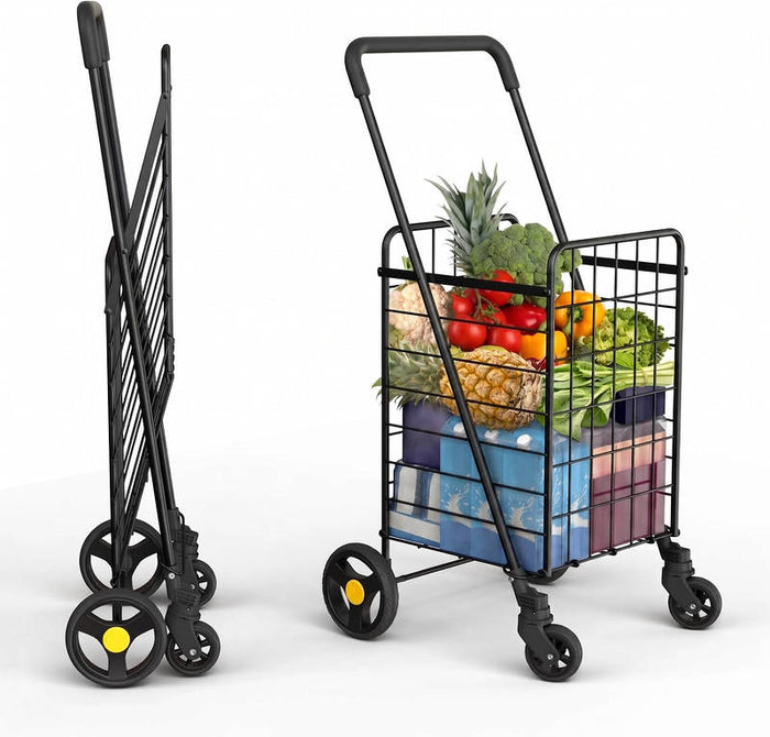 Folding Utility Shopping Cart with Double Baskets, Swivel Wheels Heavy Duty Grocery Cart