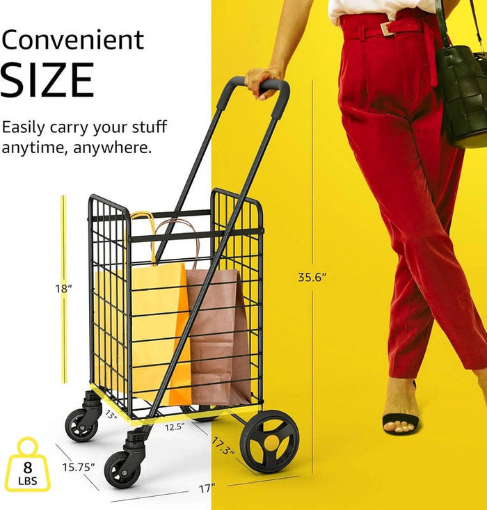 Folding Utility Shopping Cart with Double Baskets, Swivel Wheels Heavy Duty Grocery Cart