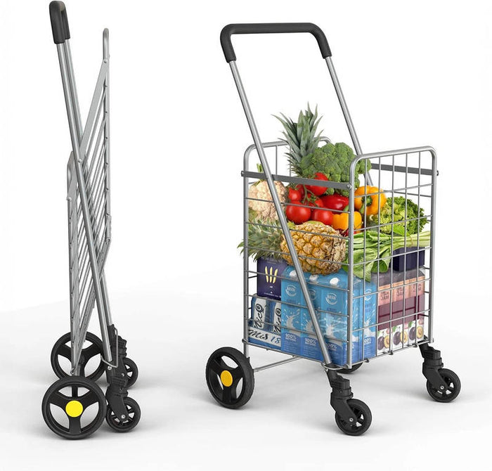 Folding Utility Shopping Cart with Double Baskets, Swivel Wheels Heavy Duty Grocery Cart