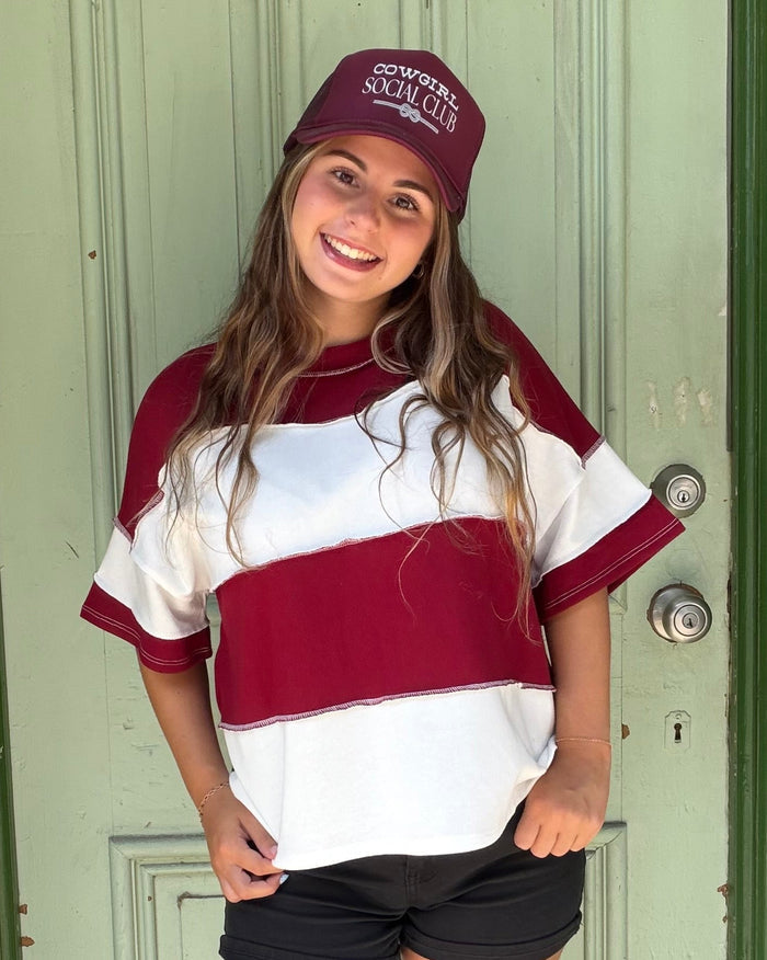 French Terry cloth color block exposed seam top