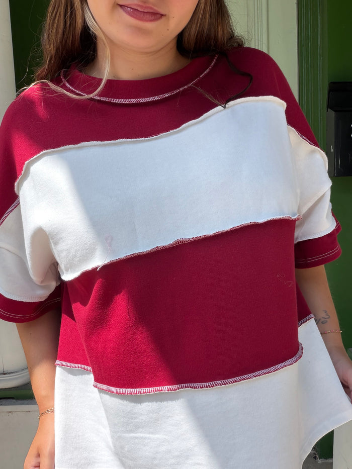 French Terry cloth color block exposed seam top