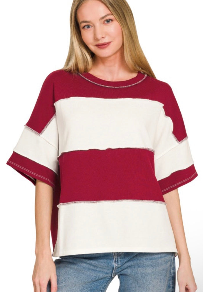 French Terry cloth color block exposed seam top